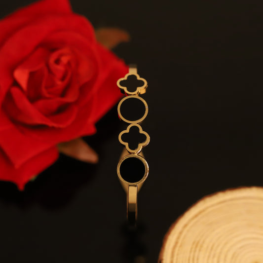Gold Bangle with Black Clover and Circle Charms | Elegant Mixed Shape Bracelet for Women