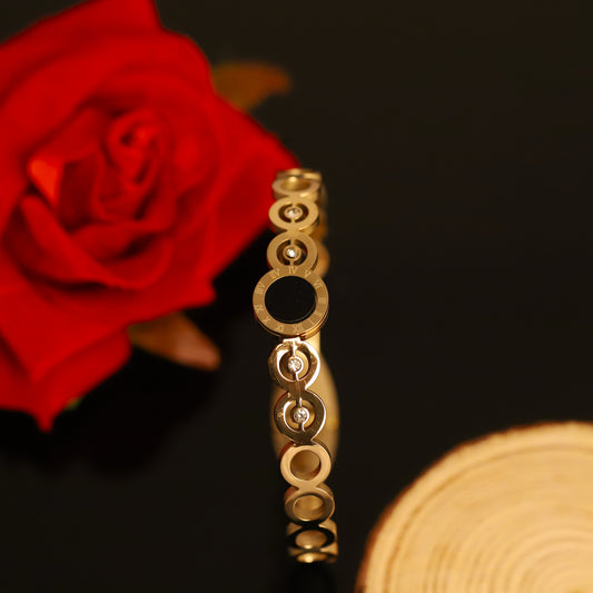 Gold Geometric Bangle with Black Circle and Crystal Accents | Women's Delicate Bracelet