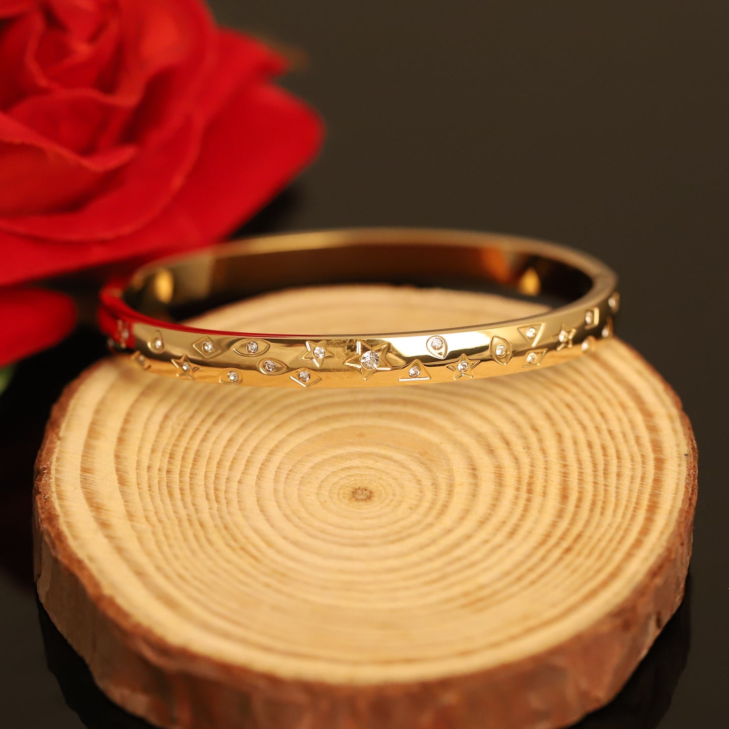 Celestial Gold Bangle with Stars and Eyes - Dainty Crystal Bracelet