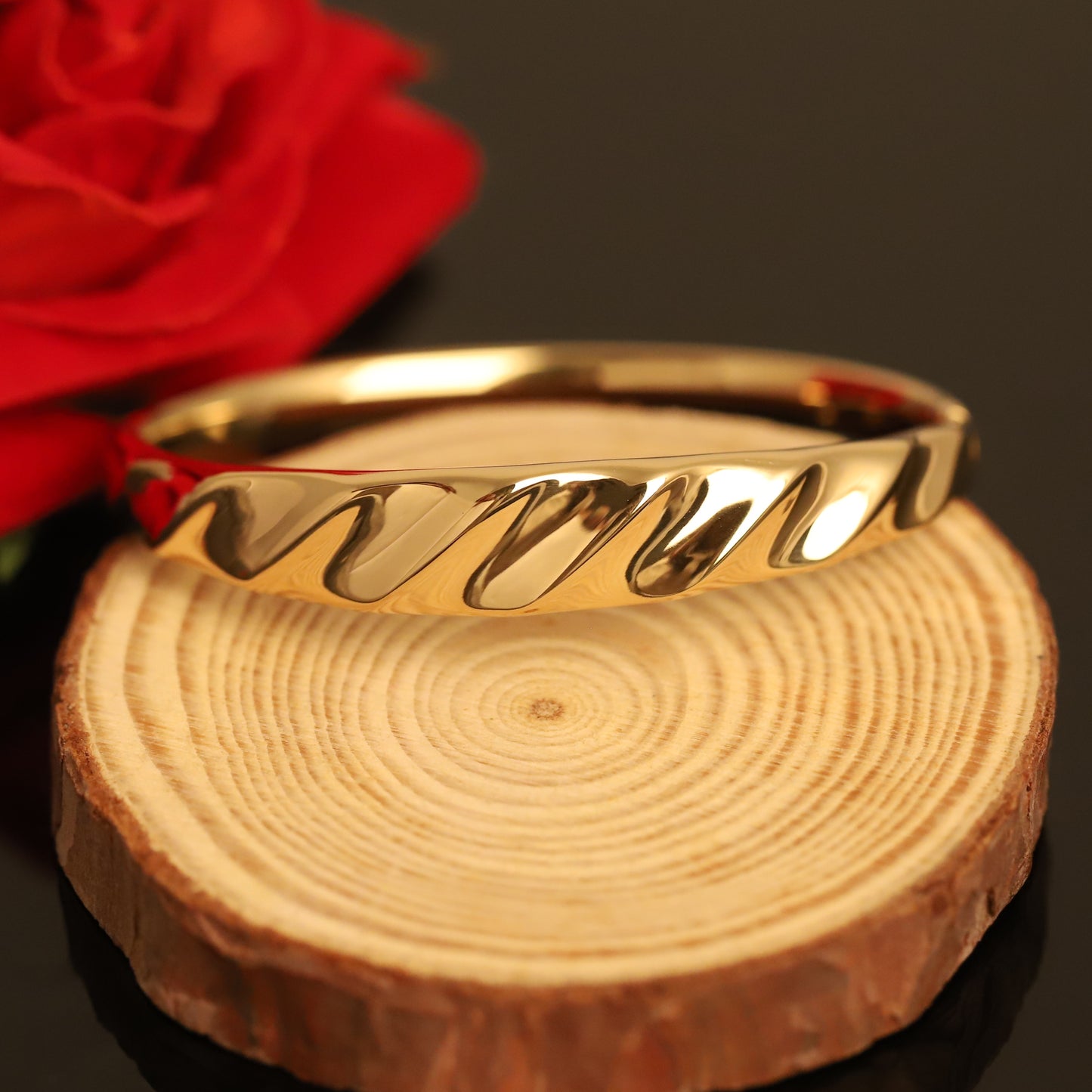 Modern Gold Wave Bangle Bracelet - Polished Ribbed Design