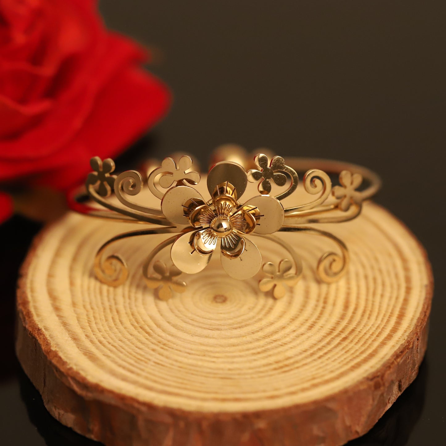 Filigree Gold Flower Bangle - Ornate Floral Cuff Bracelet
