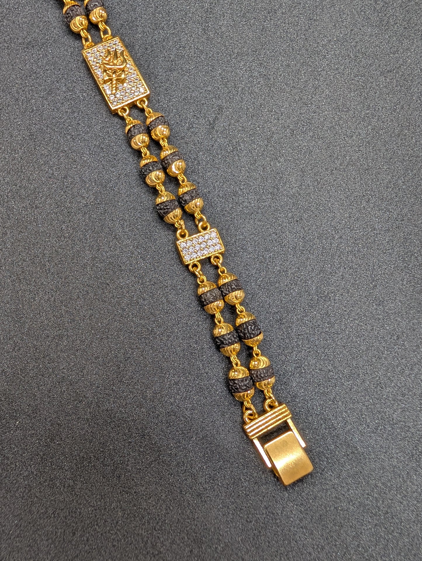 Gold Plated Rudraksha Men's Bracelet with CZ Diamond 'Trishul' Charm | Spiritual & Stylish Jewelry