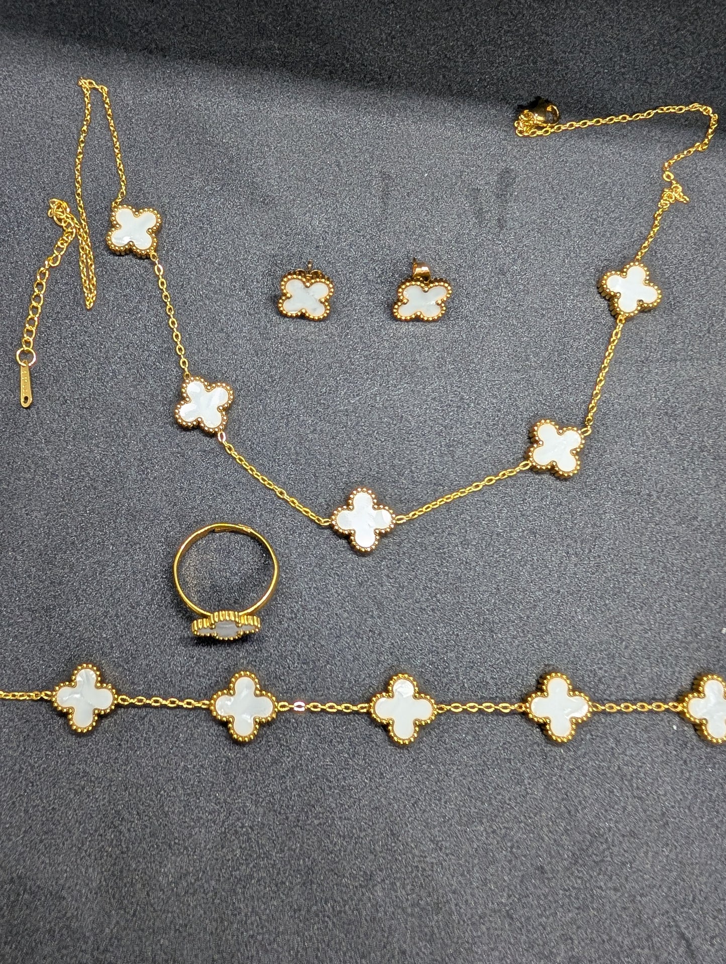 Luxury Clover Jewelry Set for Women | Includes Necklace, Bracelet, Stud Earrings & Adjustable Ring | Gold & White