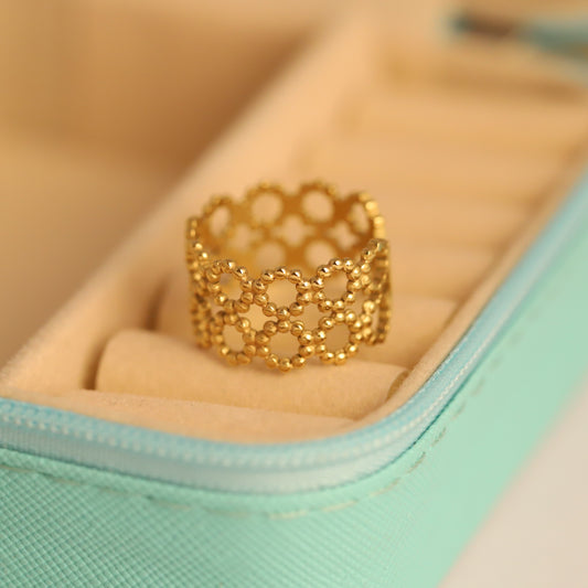 Gold Honeycomb Ring - Wide Adjustable Band | Geometric & Waterproof Jewelry