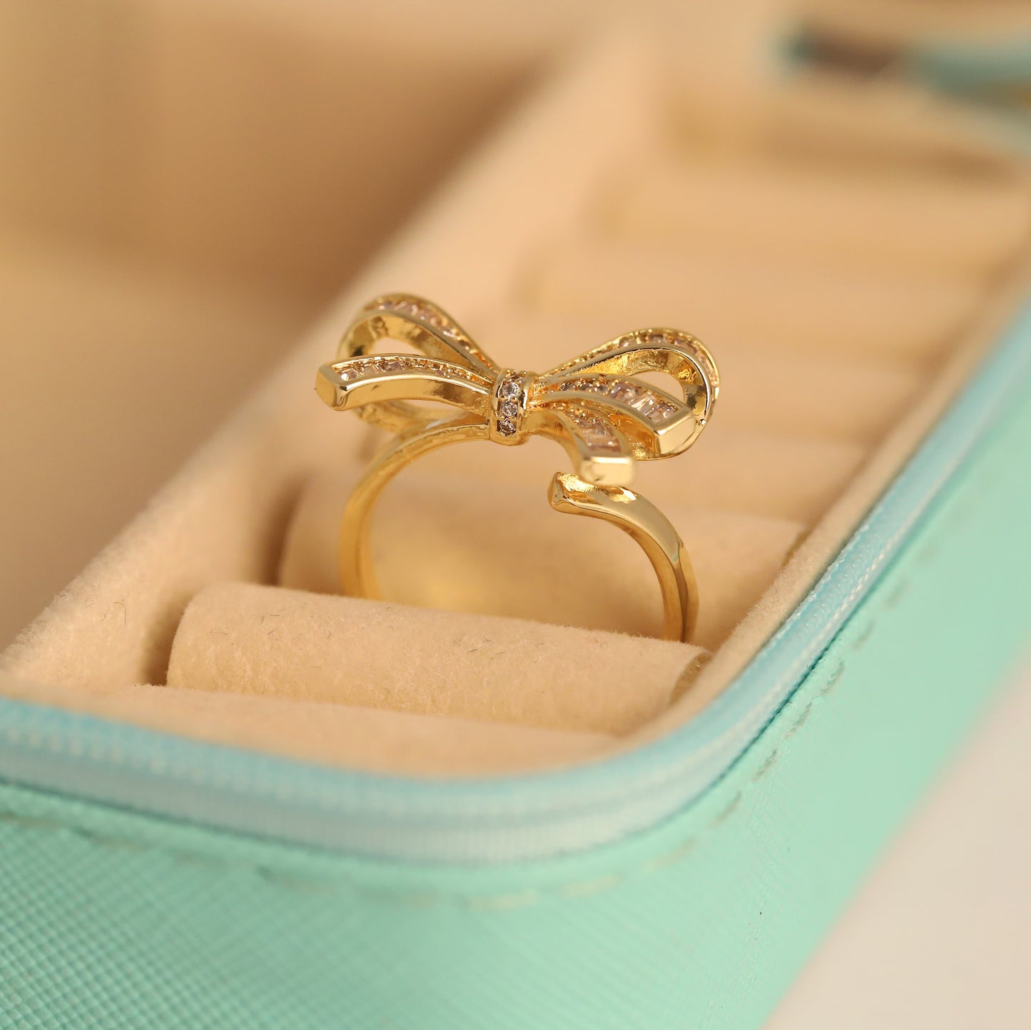 Gold Pave Bow Ring - Adjustable Cubic Zirconia Ribbon Ring | Elegant & Waterproof Jewelry