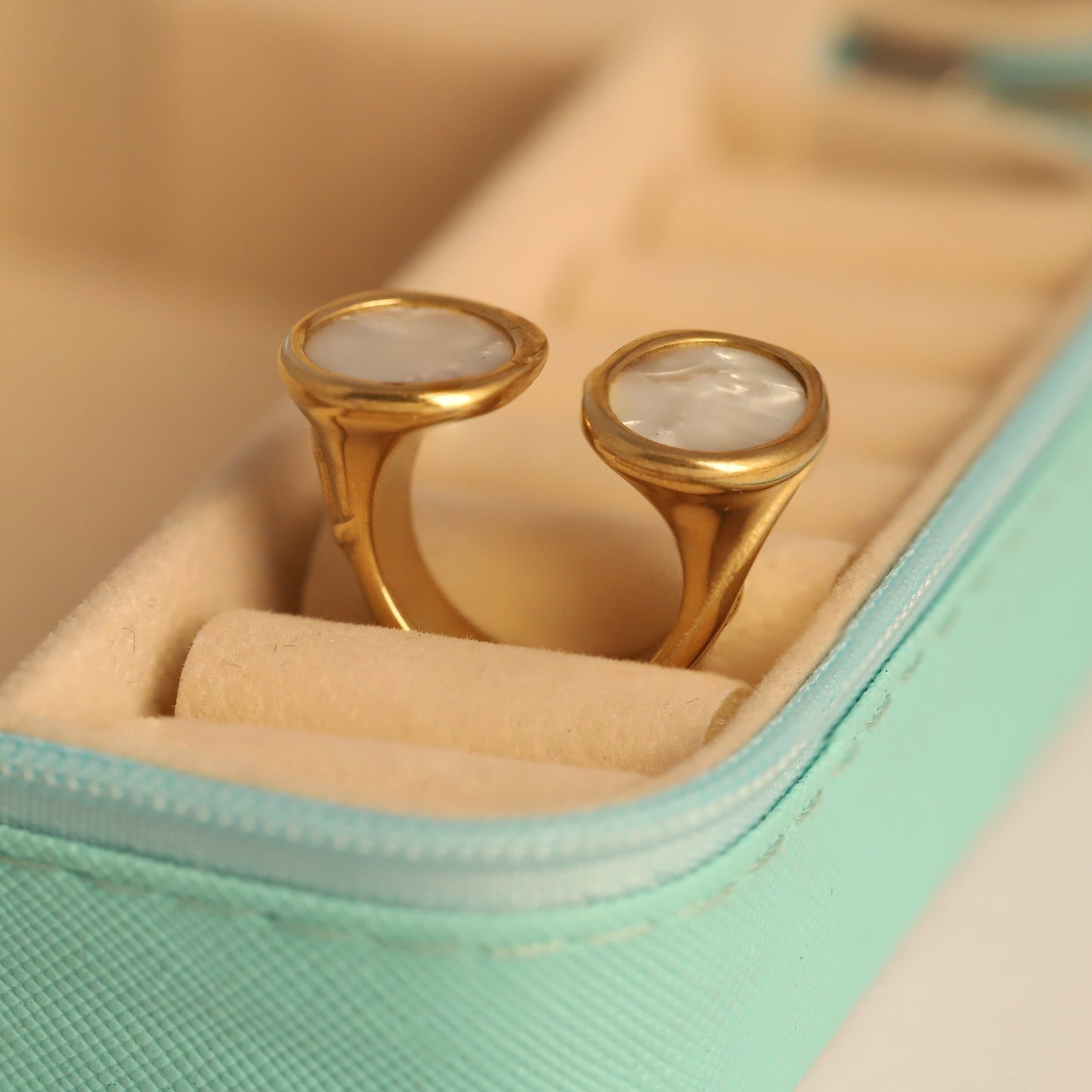 Gold Mother of Pearl Ring - Adjustable Double Stone Design | Iridescent & Waterproof Jewelry
