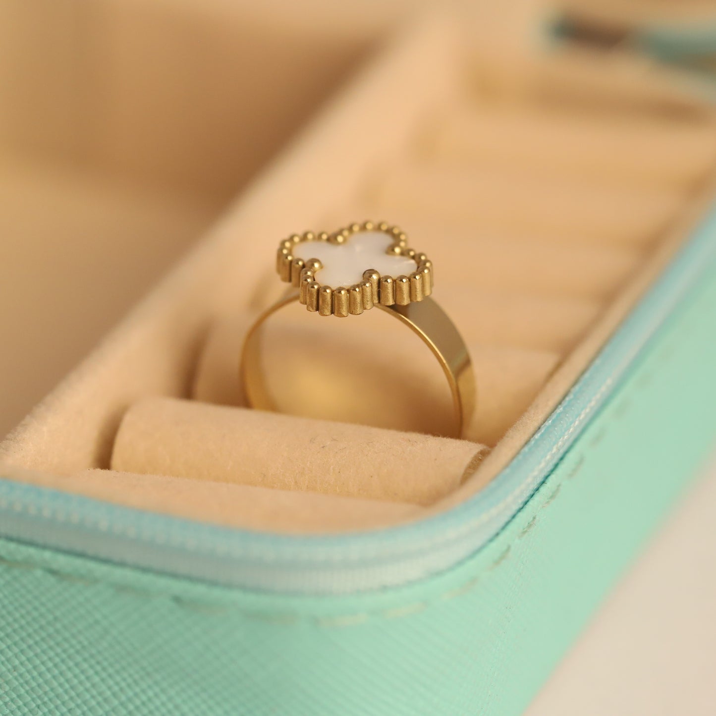 Elegant Gold Plated Mother of Pearl Clover Ring | White Four-Leaf Lucky Charm