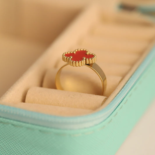 Vibrant Gold Plated Red Clover Ring | Lucky Four-Leaf Design