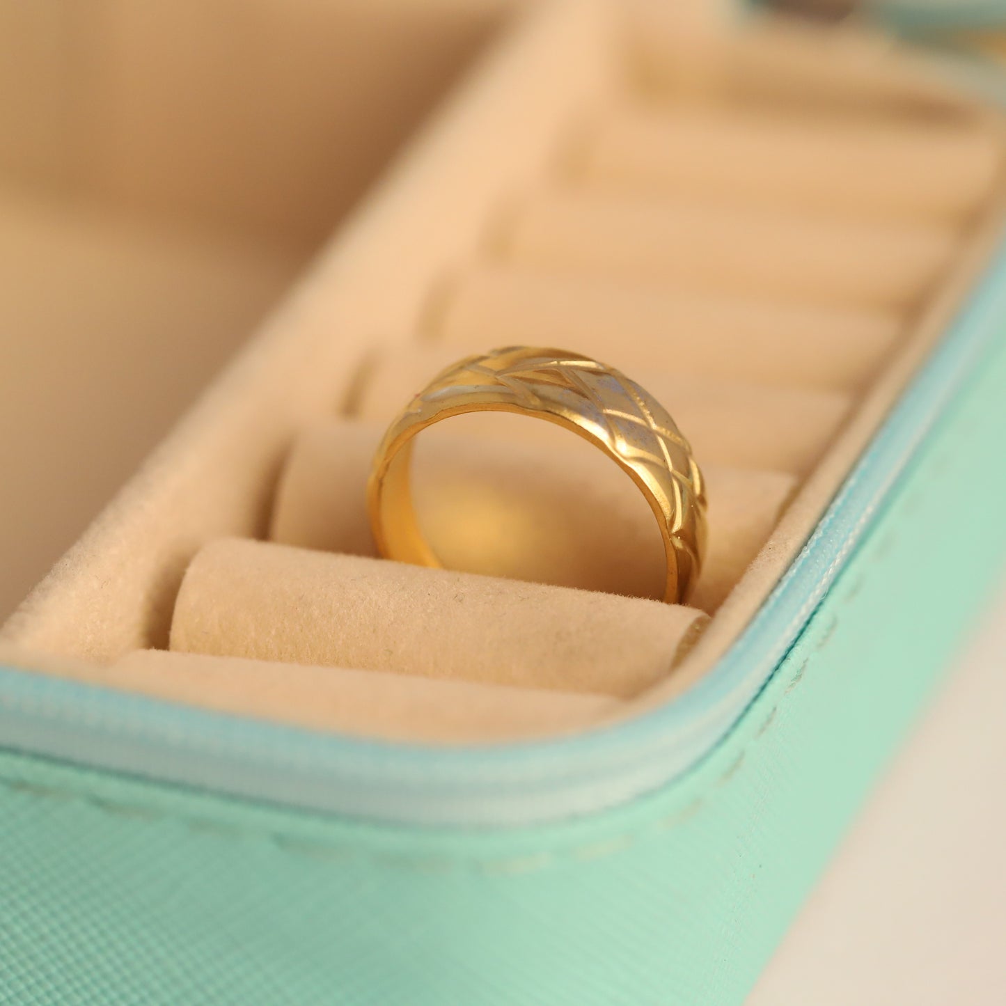 Wide Gold Quilted Pattern Ring - Adjustable Textured Band