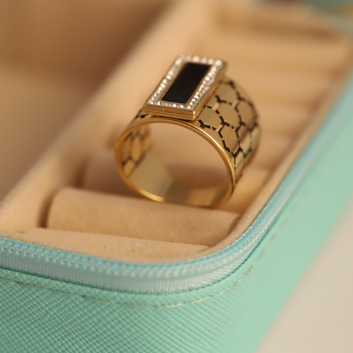 Honeycomb & Onyx Ring - Geometric Gold Statement Band