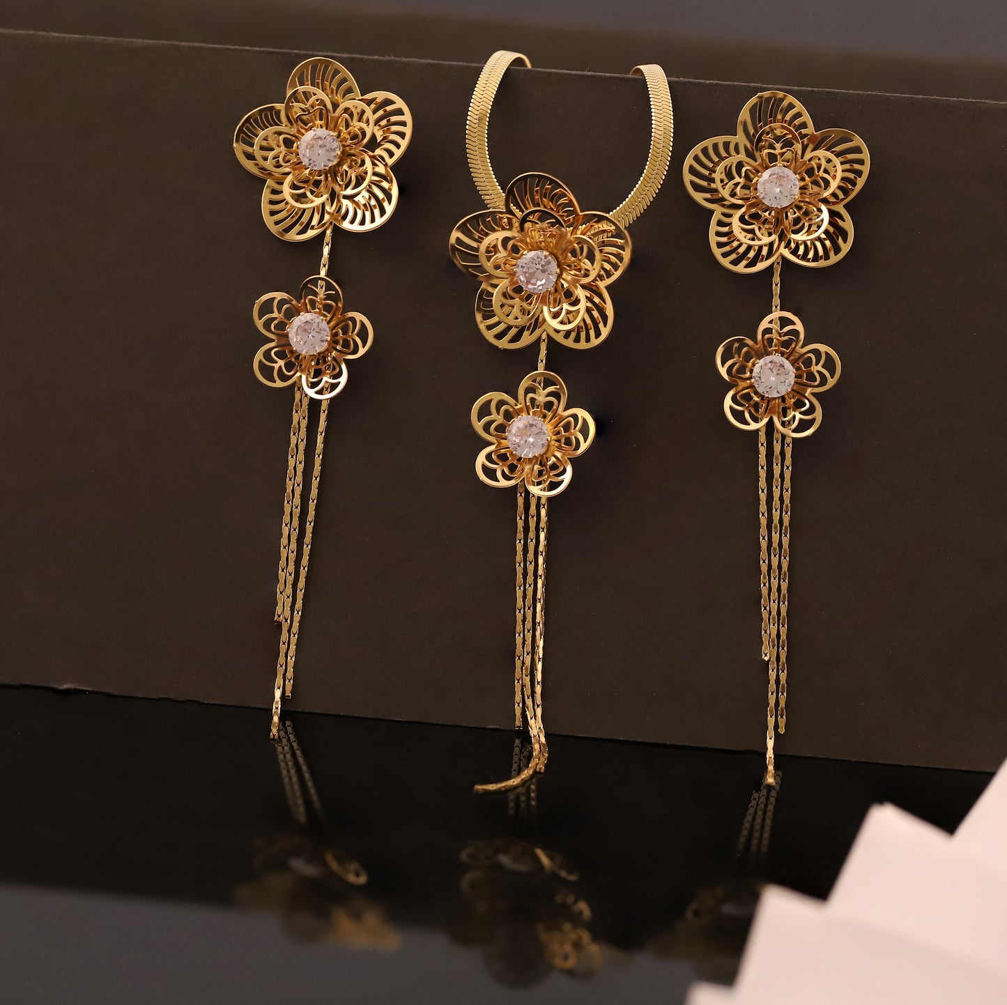 Gold Floral Tassel Necklace & Earring Set | Cubic Zirconia Jewelry