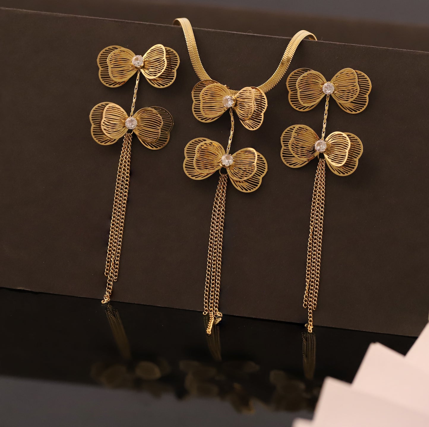Gold Bow Tassel Necklace & Earring Set | Cubic Zirconia Jewelry