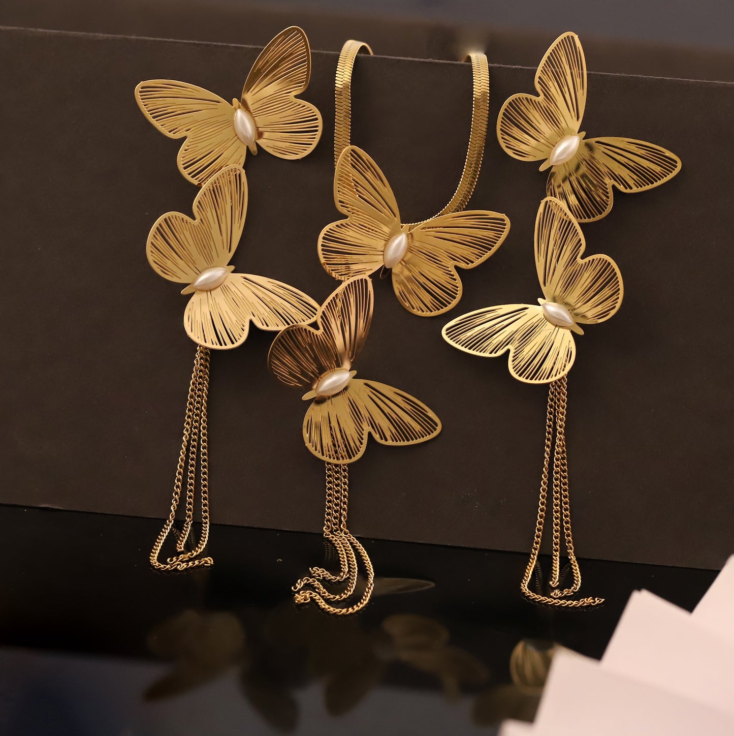 Gold Butterfly Pearl Necklace & Earring Set | Delicate Tassel Jewelry