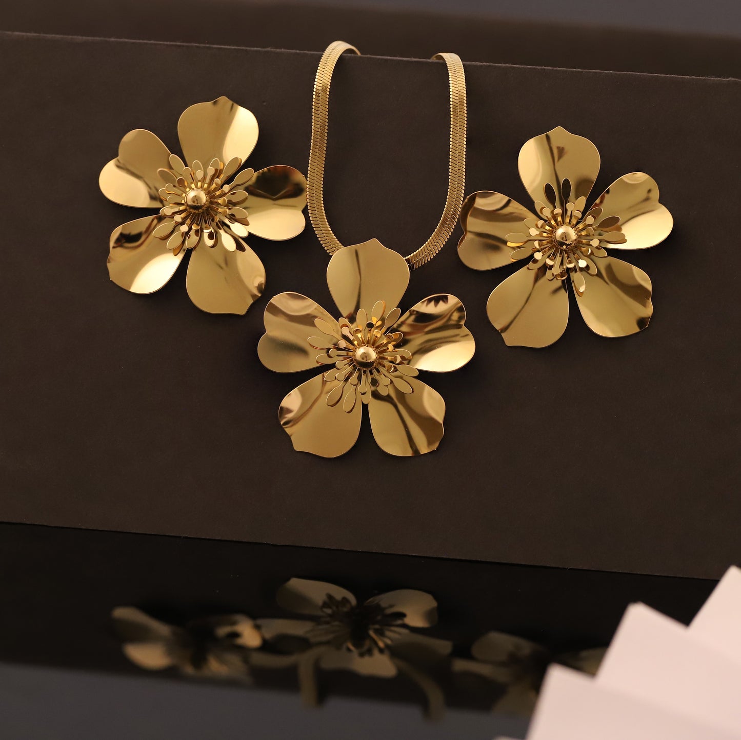 Polished Gold Layered Flower Necklace & Earring Set | Statement Floral Jewelry