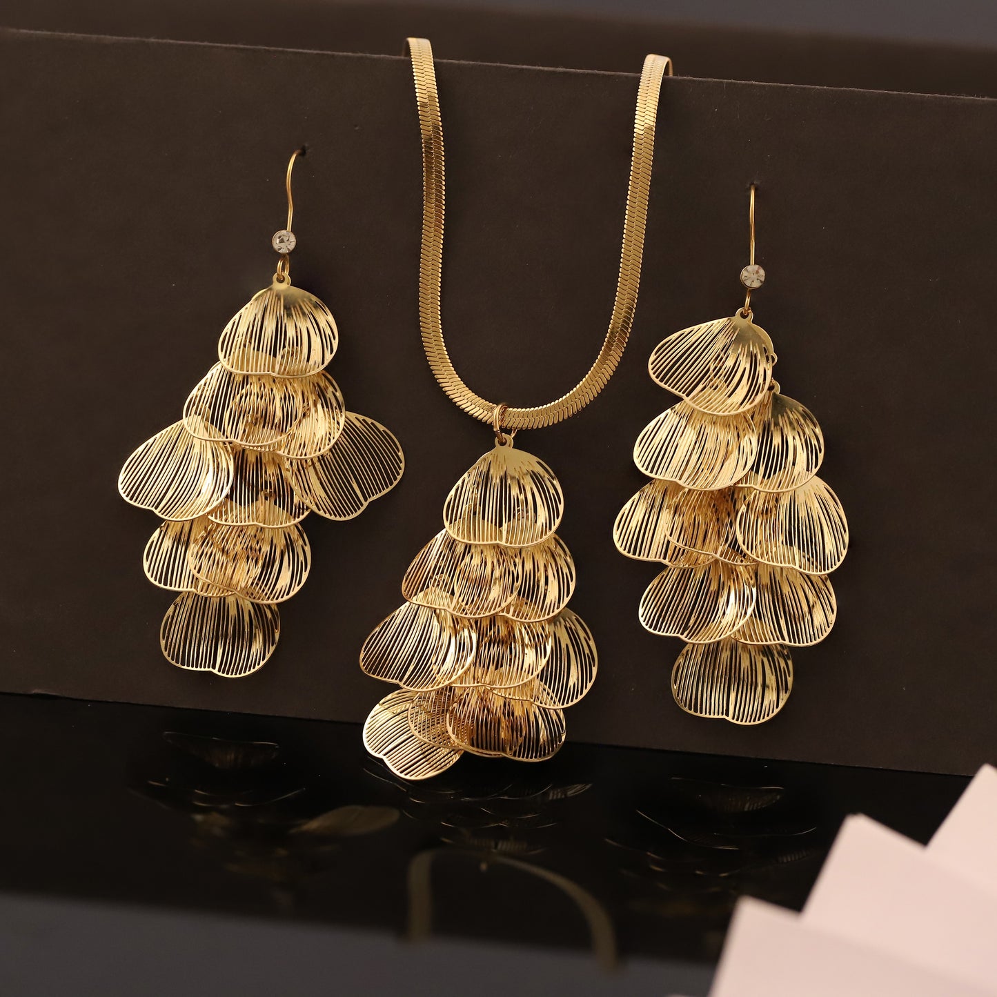 Gold Layered Petal Drop Necklace & Earring Set | Delicate Statement Jewelry