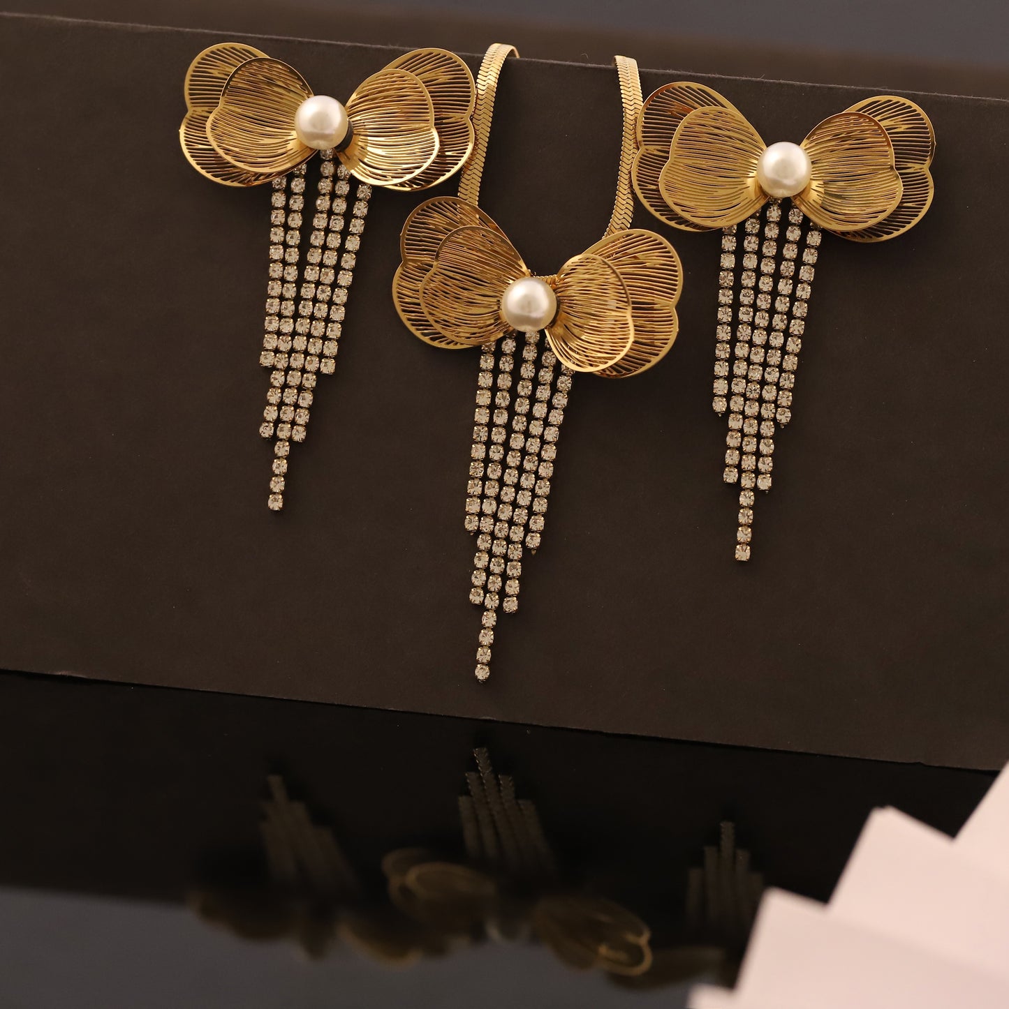 Gold Bow Pearl Rhinestone Tassel Necklace & Earring Set | Glamorous Party Jewelry