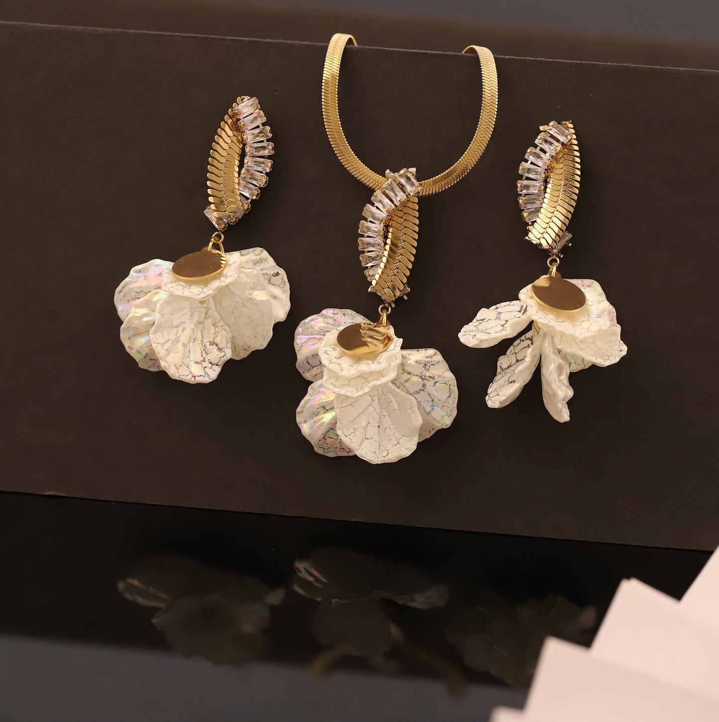 White Floral Acrylic Drop Necklace Set | Gold & Crystal Accent Jewelry