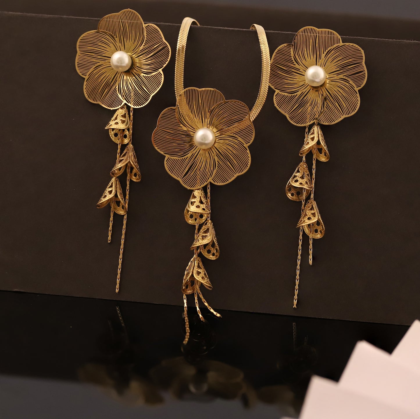 Gold Filigree Flower Pearl Tassel Necklace Set | Bohemian Wedding Jewelry