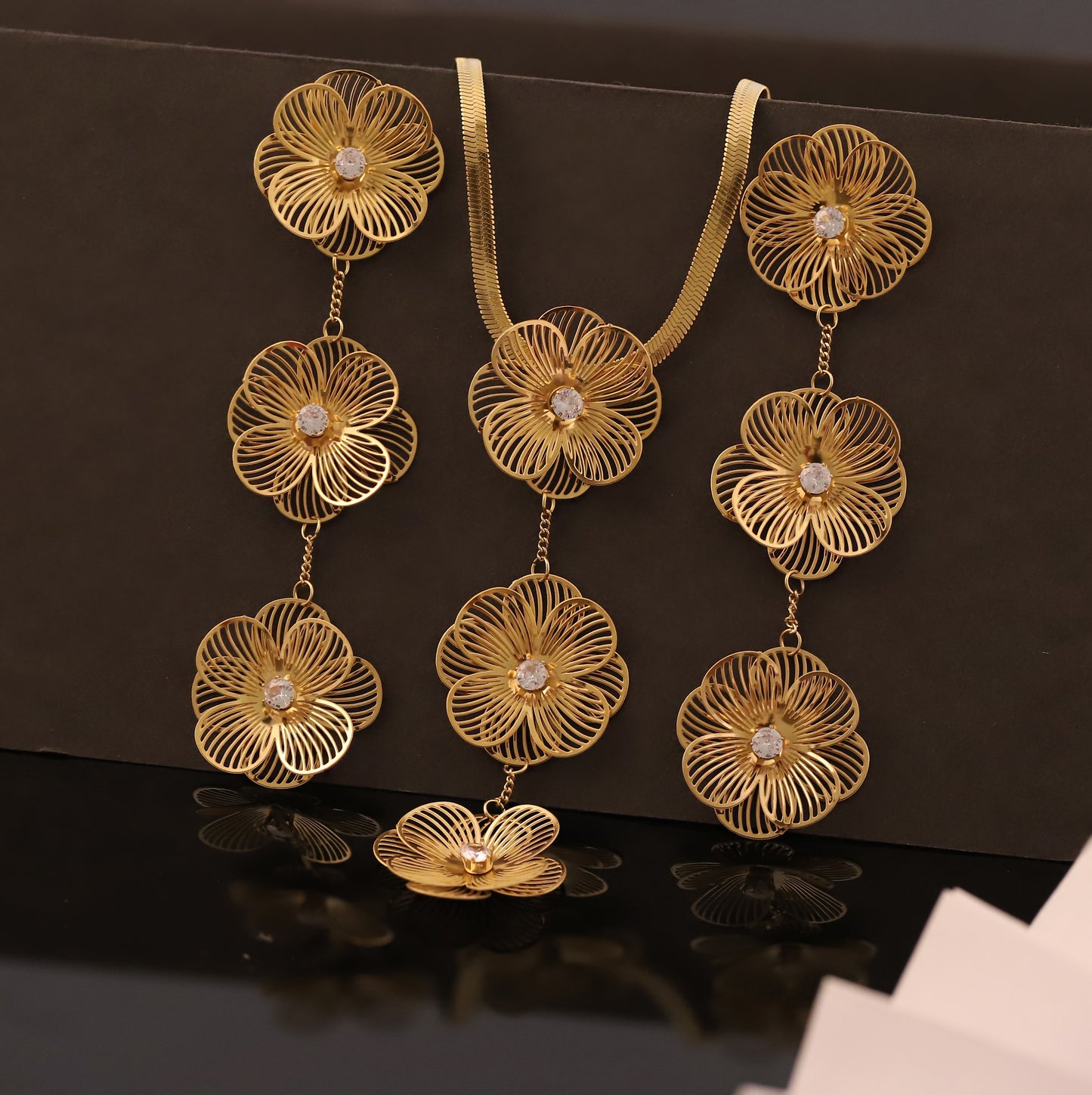 Filigree Gold Flower Drop Necklace & Earring Set | Cubic Zirconia Cascade Jewelry