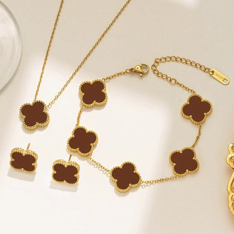 Brown Clover Jewelry Set: Necklace, Bracelet & Earrings