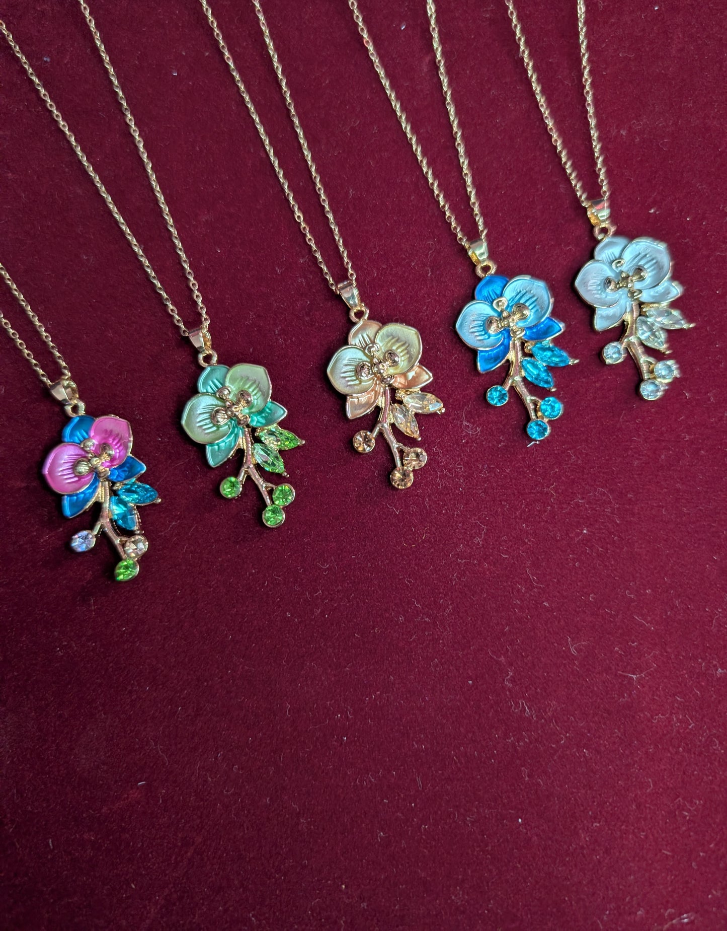 Pink and Blue Orchid Enamel Pendant Necklace | Rose Gold Floral Jewelry for Her