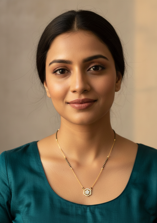 Elegant Diamond & Gold Mangalsutra: Traditional Black Bead Necklace with Modern Floral Pendant