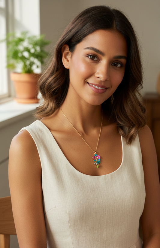 Pink and Blue Orchid Enamel Pendant Necklace | Rose Gold Floral Jewelry for Her
