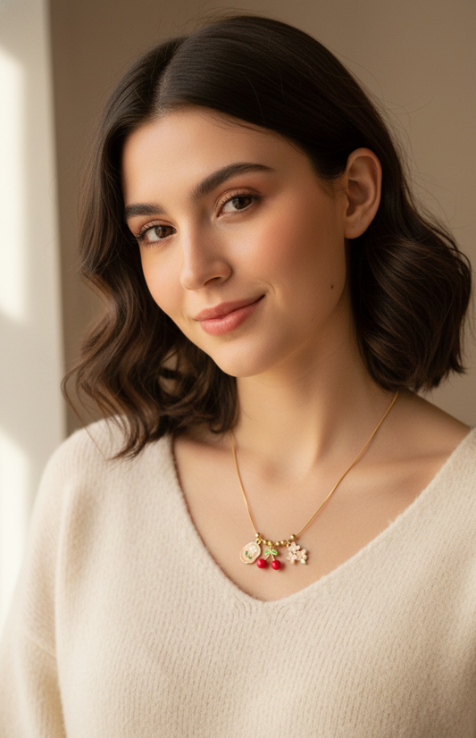 Whimsical Gold Charm Necklace - Cherry, Blossom & Medallion Trio | Dainty Cottagecore Jewelry for Women