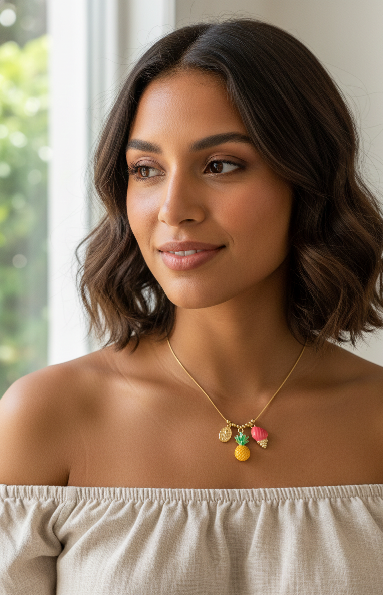 Gold Tropical Charm Necklace with Pineapple, Pink Seashell, and Rose Medallion – Summer Jewelry Gift
