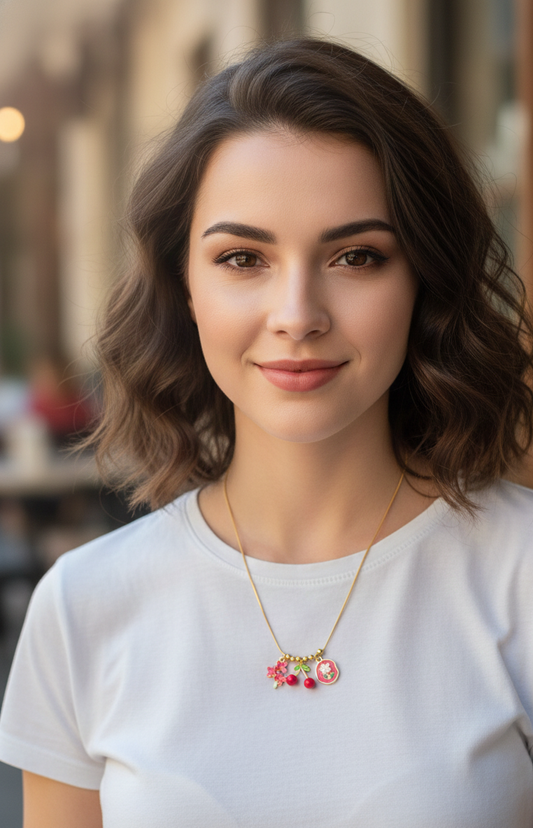Dainty Cherry and Floral Charm Necklace - Gold Snake Chain with Red Enamel Fruit & Rose Pendants - Cottagecore Jewelry Gift for Her