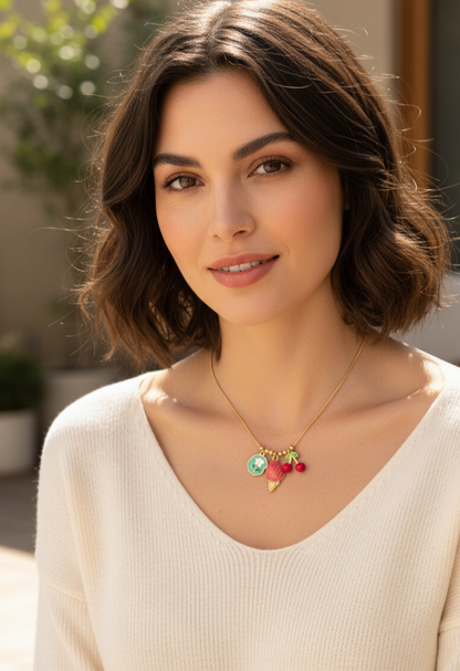 Summer Charm Pendant Necklace | Cherry, Shell, and Flower Enamel Charms | Dainty Gold Snake Chain