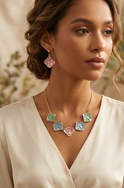 Gold Tree of Life Enamel Necklace & Earring Set – Pastel Multicolor Boho Statement Jewelry for Women
