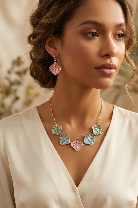 Gold Tree of Life Enamel Necklace & Earring Set – Pastel Multicolor Boho Statement Jewelry for Women
