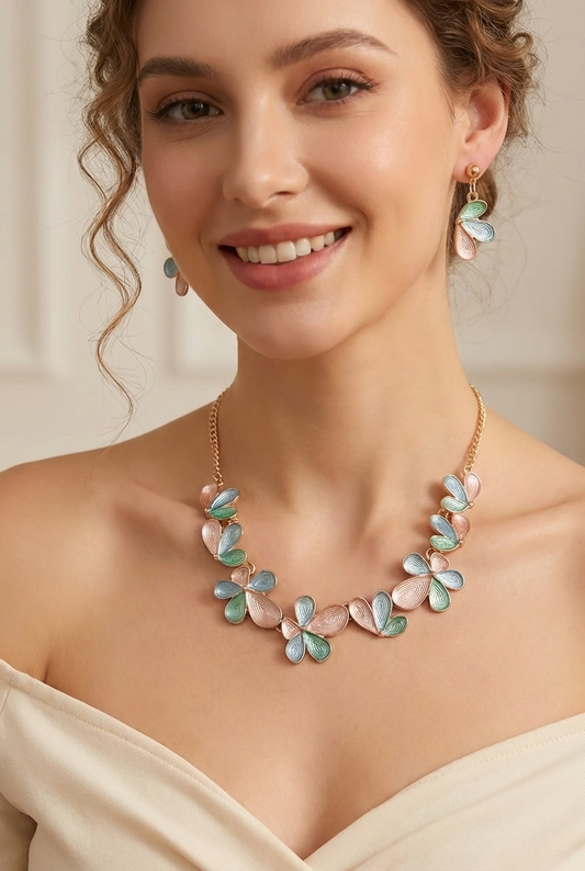 Elegant Pastel Floral Enamel Jewelry Set – Gold-Toned Statement Necklace & Matching Drop Earrings for Women