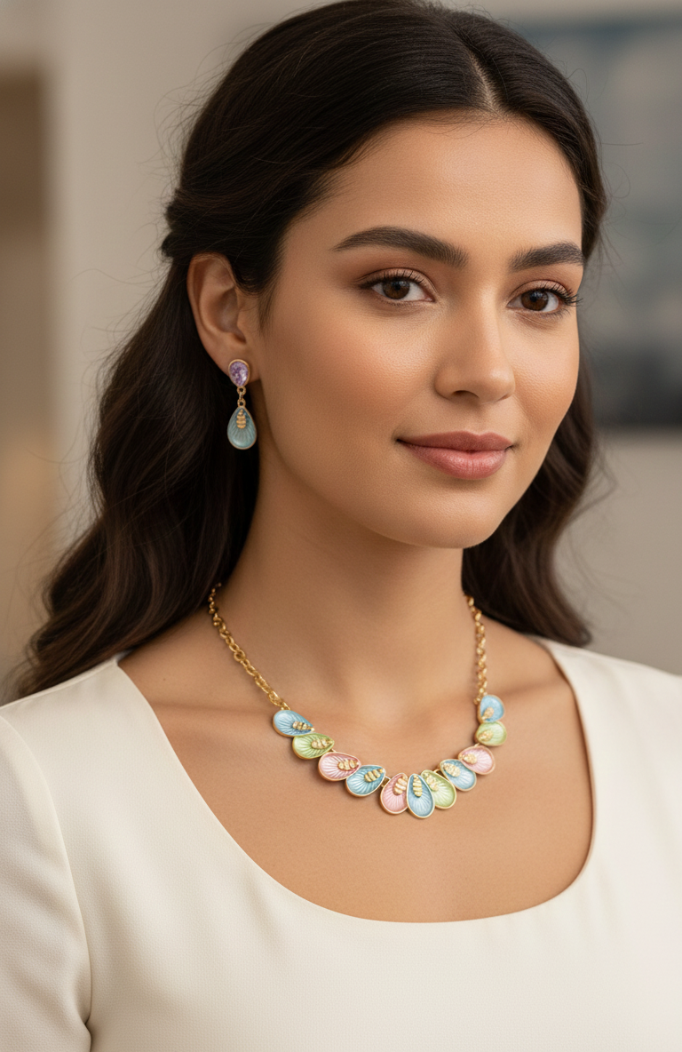 Vintage-Inspired Pastel Enamel Bee Necklace & Earring Set | Gold-Toned Teardrop Statement Jewelry for Women | Whimsical Nature-Themed Gift