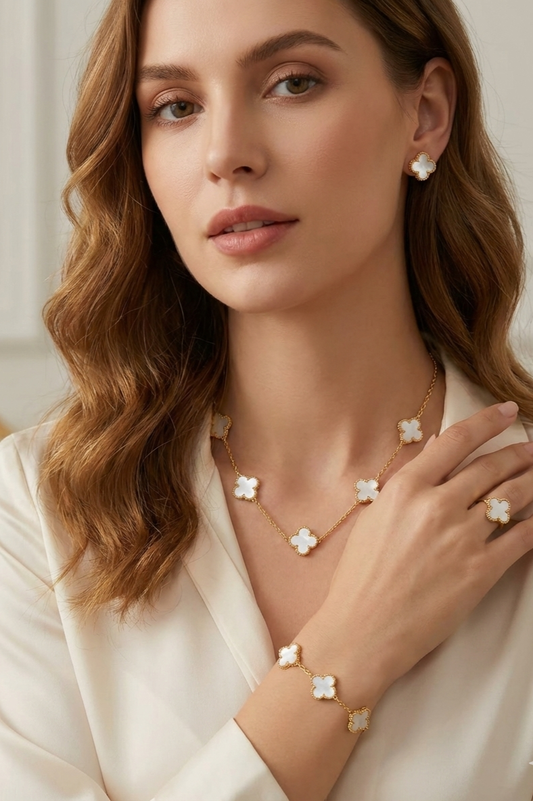 Luxury Clover Jewelry Set for Women | Includes Necklace, Bracelet, Stud Earrings & Adjustable Ring | Gold & White