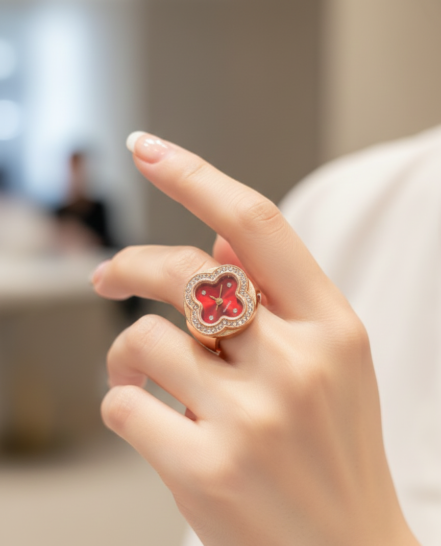 Elegant Red and Rose Gold Floral Ring Watch - Adjustable Quartz Finger Watch with Sparkling Rhinestones