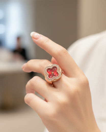 Elegant Red and Rose Gold Floral Ring Watch - Adjustable Quartz Finger Watch with Sparkling Rhinestones