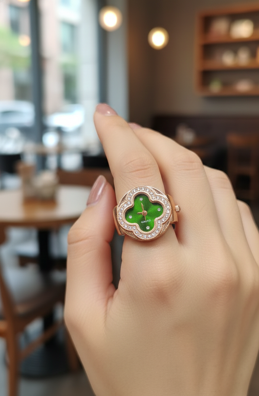 Vintage Rose Gold Clover Finger Ring Watch | Green Dial Quartz Ring Watch for Women