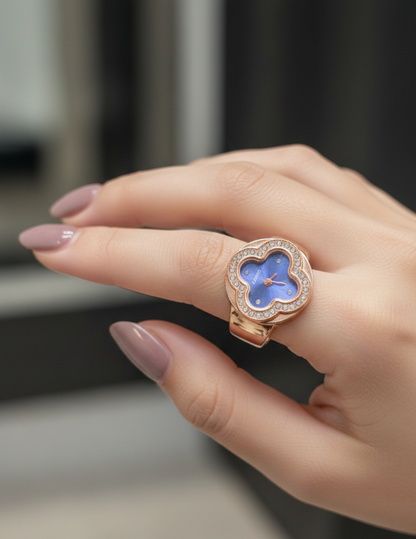 Rose Gold Clover Finger Ring Watch for Women | Vintage Crystal Quartz Analog Ring Watch