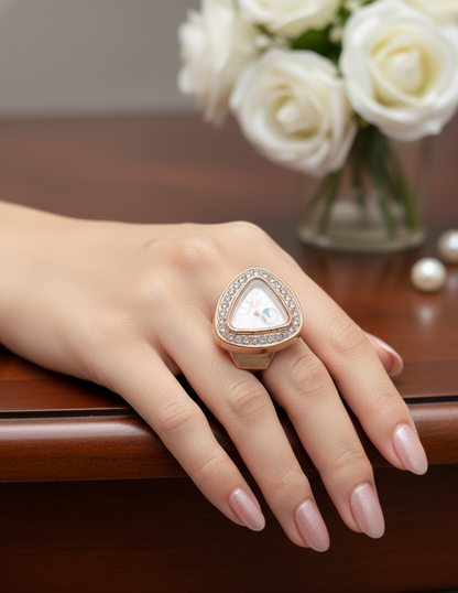 Luxury Rose Gold Triangle Finger Ring Watch for Women | Crystal Encrusted Diamond Ring Watch with Moon Phase Dial