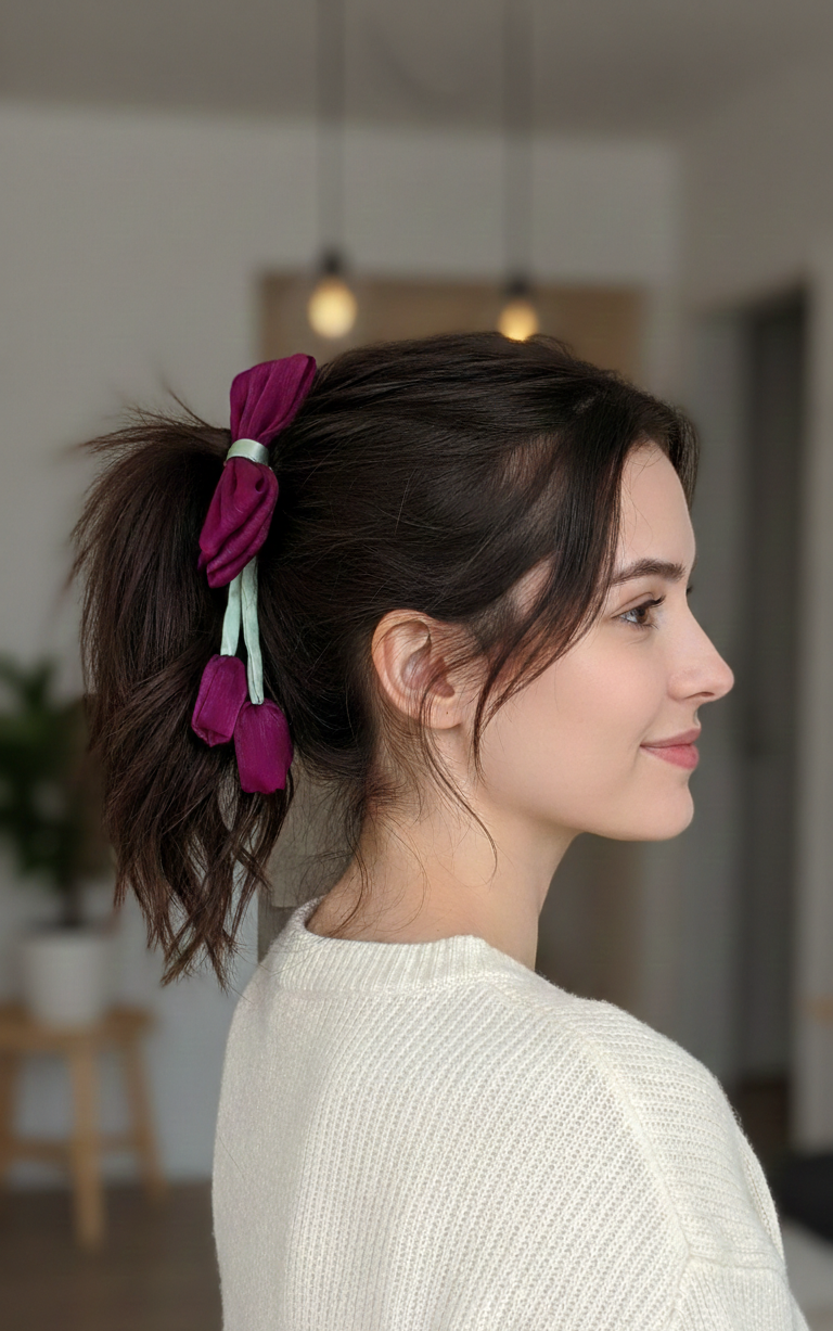 Elegant Magenta Tulip Hair Bow with Sage Green Streamers | Handmade Floral Coquette Hair Clip