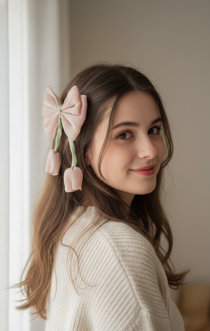Elegant Shimmer Organza Tulip Bow Hair Clip – Handmade Floral Ribbon Hair Accessory for Women and Girls – Dusty Rose & Sage Green Aesthetic Headpiece
