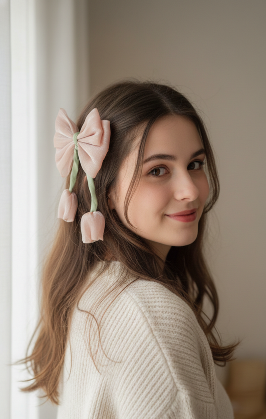 Elegant Shimmer Organza Tulip Bow Hair Clip – Handmade Floral Ribbon Hair Accessory for Women and Girls – Dusty Rose & Sage Green Aesthetic Headpiece