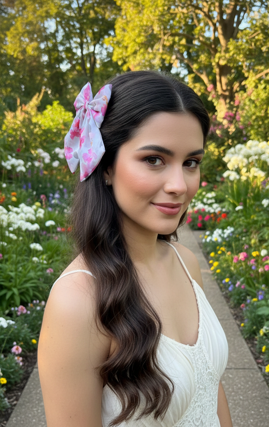 Handmade Watercolor Hibiscus Hair Bow - Pink Floral Satin Oversized Hair Clip for Women and Girls - Spring & Summer Hair Accessory