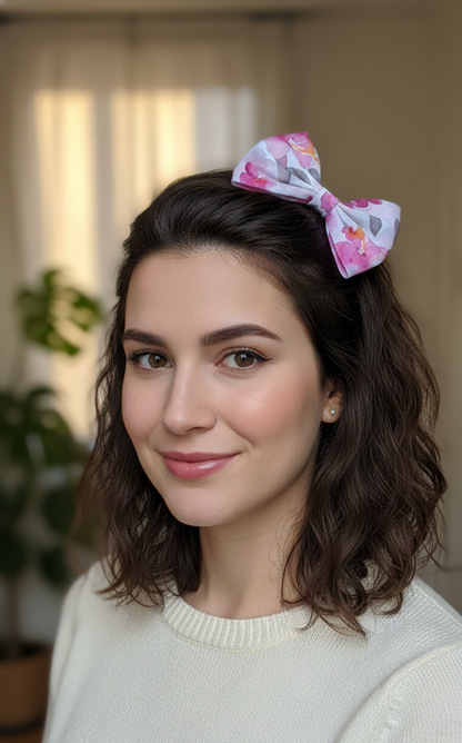 Handmade Pink Floral Satin Hair Bow – Elegant Watercolor Blossom Spring Hair Clip for Women and Girls