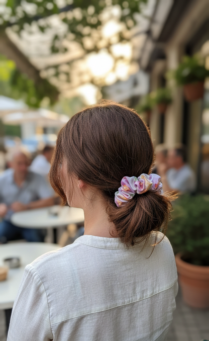 Floral Satin Hair Scrunchie – Purple & Peach Pastel Flower Print Elastic Hair Tie – Soft Oversized Hair Accessory for Women and Girls