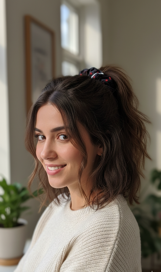 Black Heart Print Satin Scrunchie - Red Heart & Script Pattern Hair Tie - Valentine's Day Hair Accessory for Women & Girls