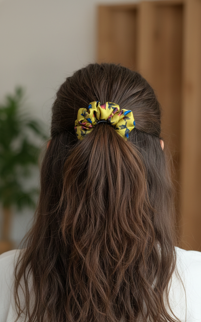 Premium Satin Floral Scrunchie with Hidden Zipper Pocket – Mustard Yellow Botanical Print Hair Accessory & Secret Stash Keychain