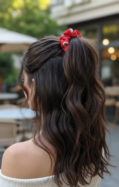 Red and White Polka Dot Satin Scrunchie | Retro Oversized Hair Accessory | Silk-Feel Elastic Hair Tie for Women and Girls